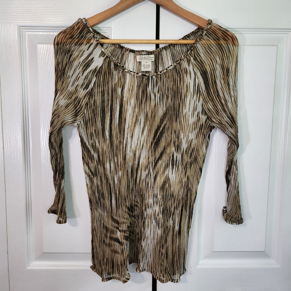 Lucky Brand Brown Abstract Stripe Sheer Crinkle Gauze 3/4‎ Sleeve Top Medium